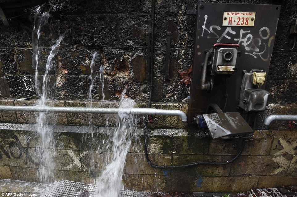 Water leaks on the closed railway tracks of the RER C line after the floods