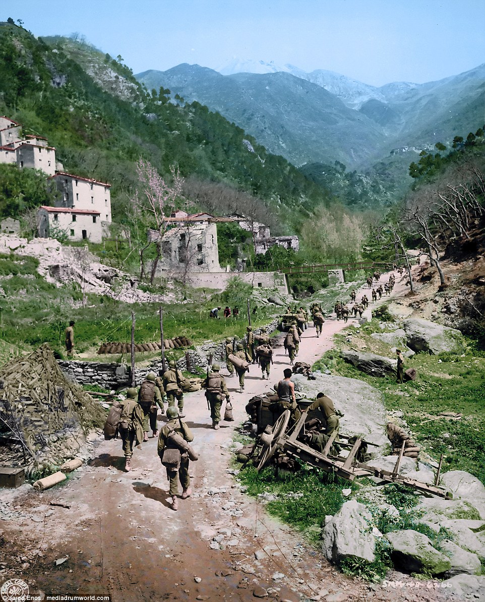 African American`doughfoots' of the 92nd Infantry (`Buffalo') Division pursue the retreating Germans through the Po Valley in Northern Italy. 909,000 black Americans were selected for duty in the Army during World War II however members of the African American 92 Infantry were the only ones that engaged in combat.  Most African American conscripts were assigned to segregated construction,  supply units or performed more unpleasant duties such as grave registration