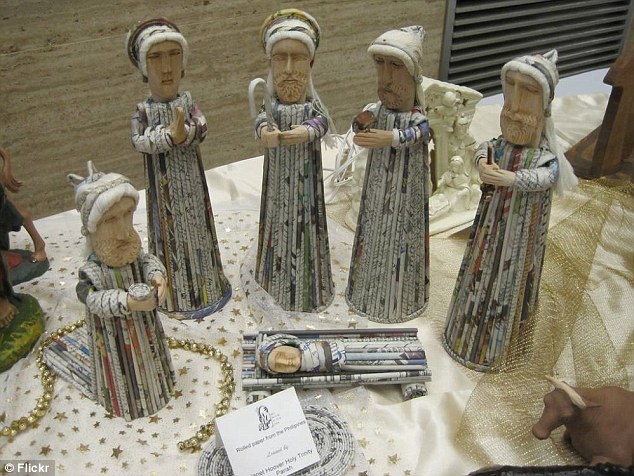 These shepherds and wise men were made out of newspaper