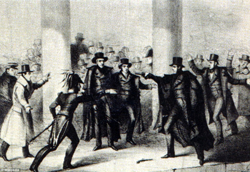 Richard Lawrence, who attempted to kill Andrew Jackson in 1835, as depicted in this etching, was detained in the hospital