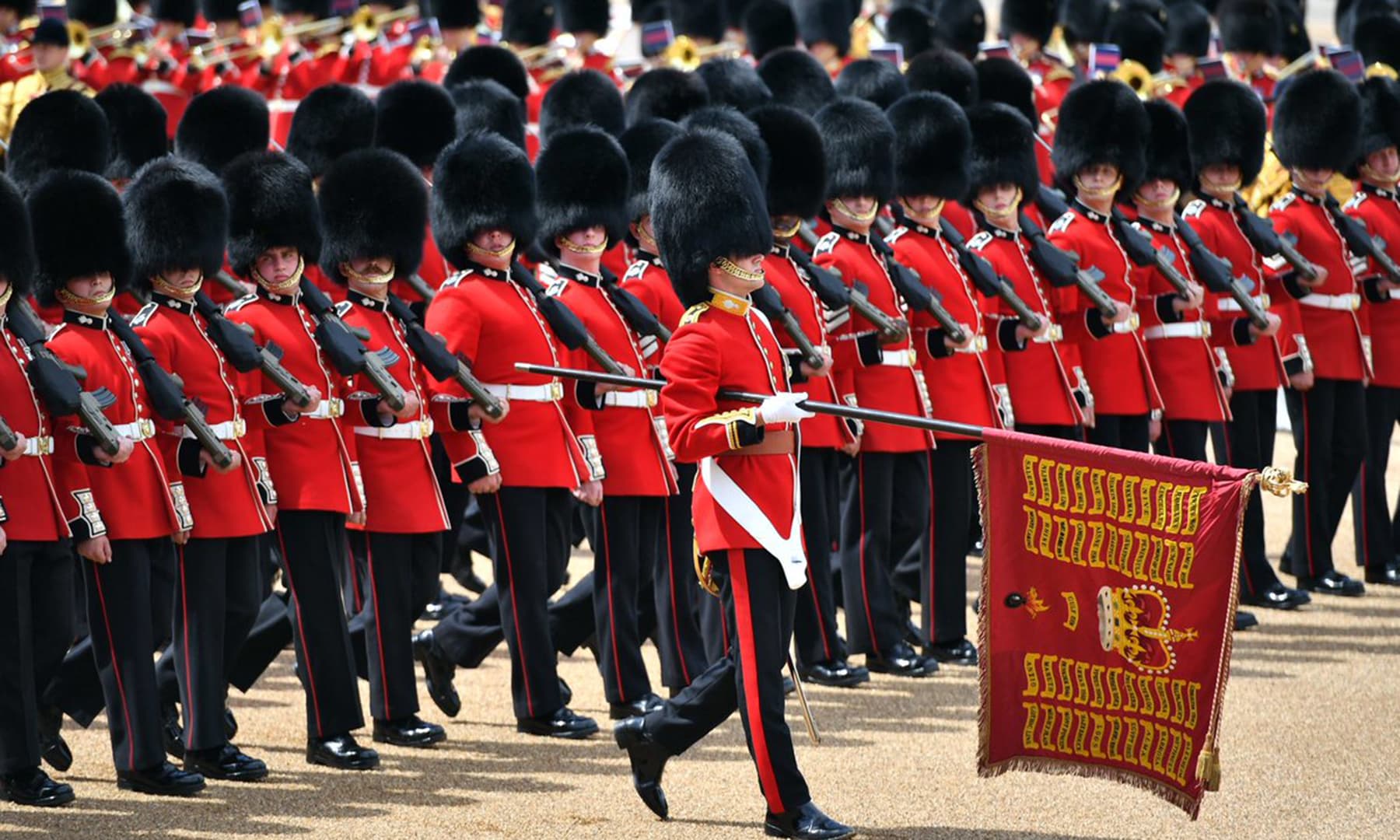 The Colour of the 1st Battalion Grenadier Guards is being trooped at the Queen's Birthday Parade. — Photo courtesy @RoyalFamily