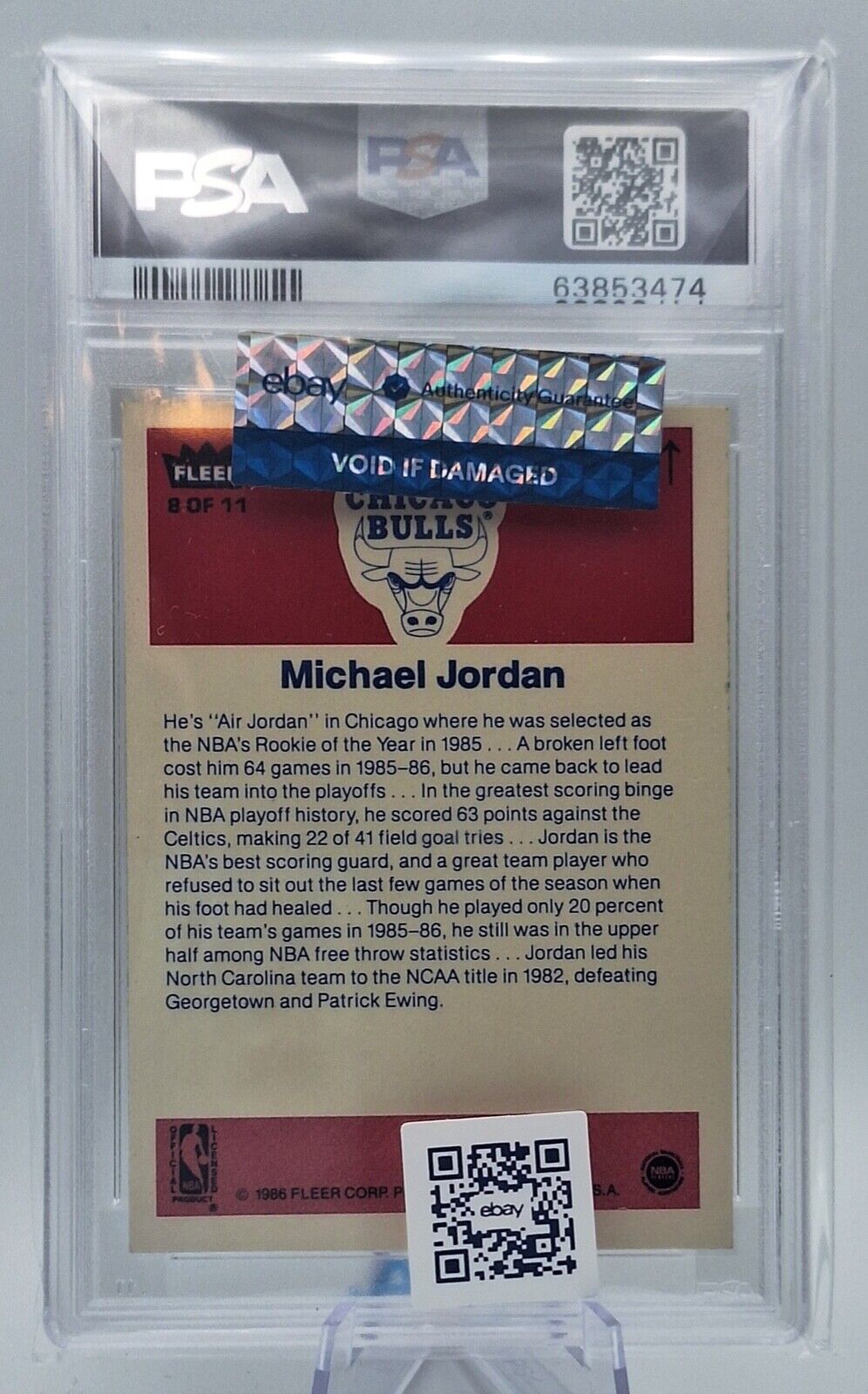 1986 Fleer Basketball Sticker #8 Michael Jordan RC Rookie HOF PSA 7 NM ...