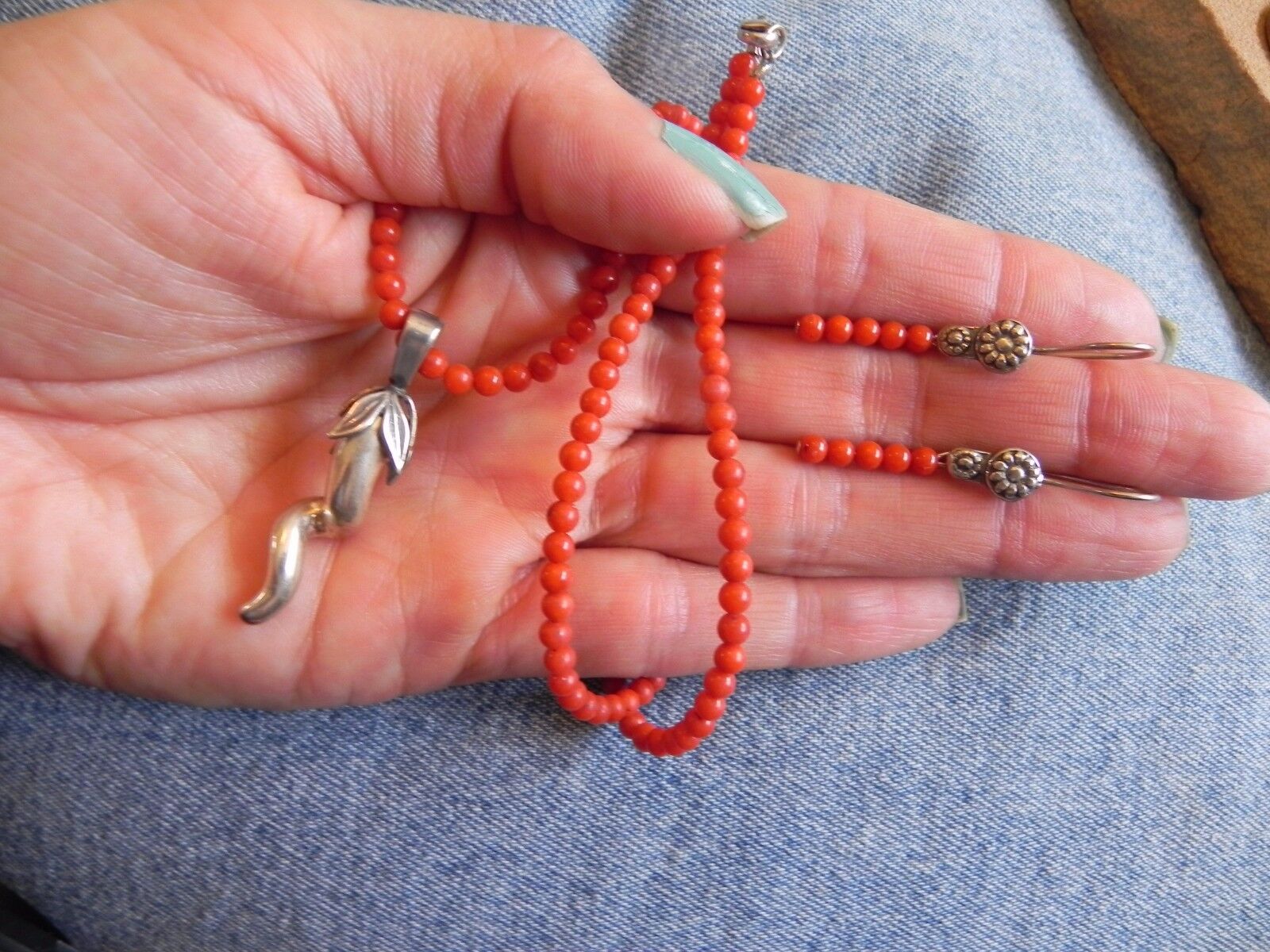 Red Coral Necklace w Sterling Silver CHILI PEPPER… - image 6