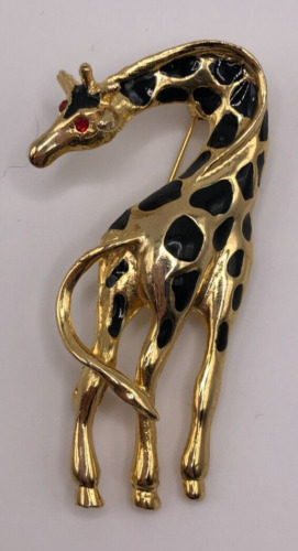 Vintage Large Giraffe Brooch Gold Tone Black spots