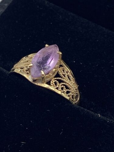 10k Solid Yellow Gold Amethyst Filigree Ring Size 