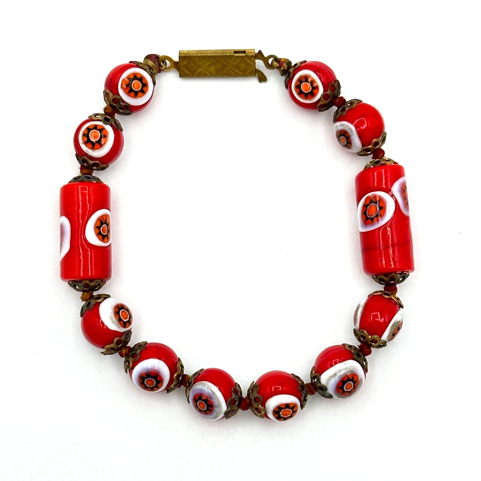 MILLEFIORI red & white bead bracelet - 6.5" Itali… - image 3