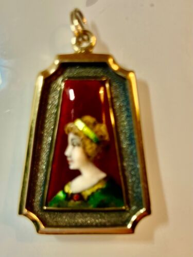 Antique 14K Gold Victorian Enameled Lady Pendant, 