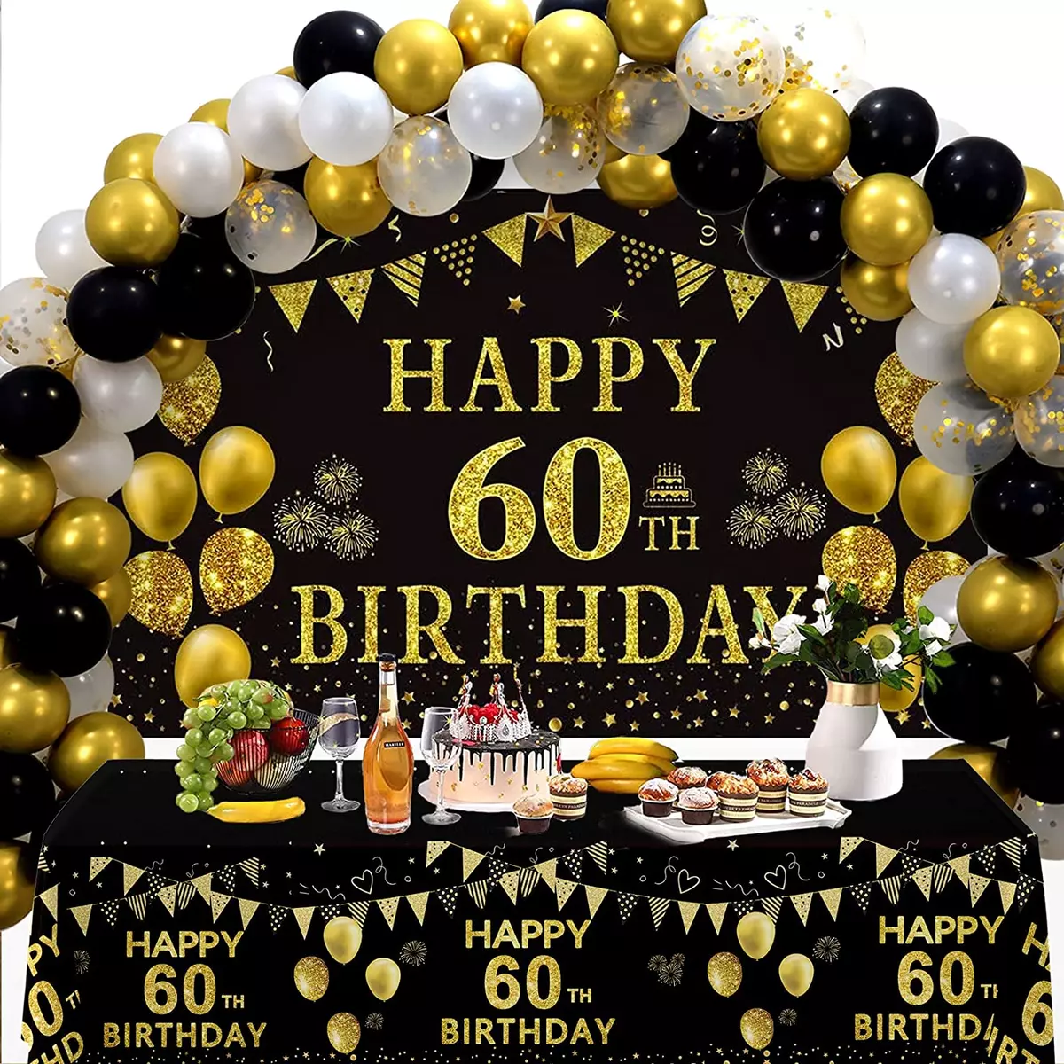 60Th Birthday Decorations Men Women - Black Gold Happy 60 Birthday ...