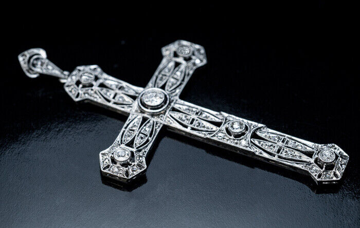 Antique Edwardian Diamond Platinum Openwork Cross… - image 3