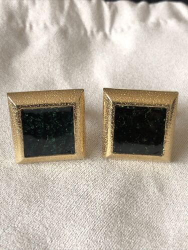 Hickok Flecked Forest Green Stone & Gold Tone Cuf… - image 1