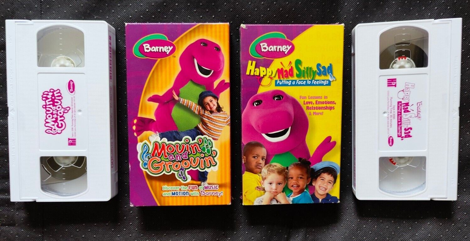 BARNEY VHS LOT (2) ~ HAPPY, MAD, SILLY, SAD & MOVIN' AND GROOVIN ...