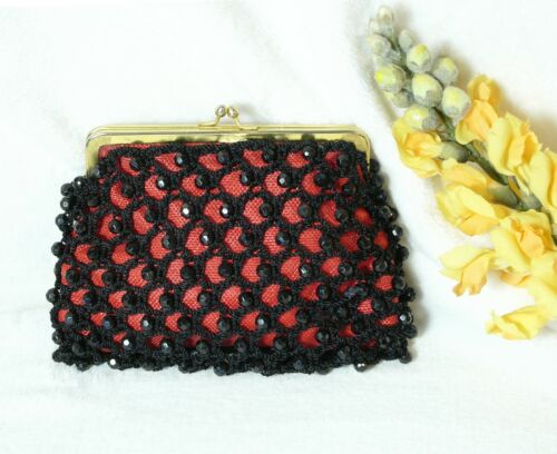 1950 Red & Black Beaded Small Evening Clutch Mars… - image 1