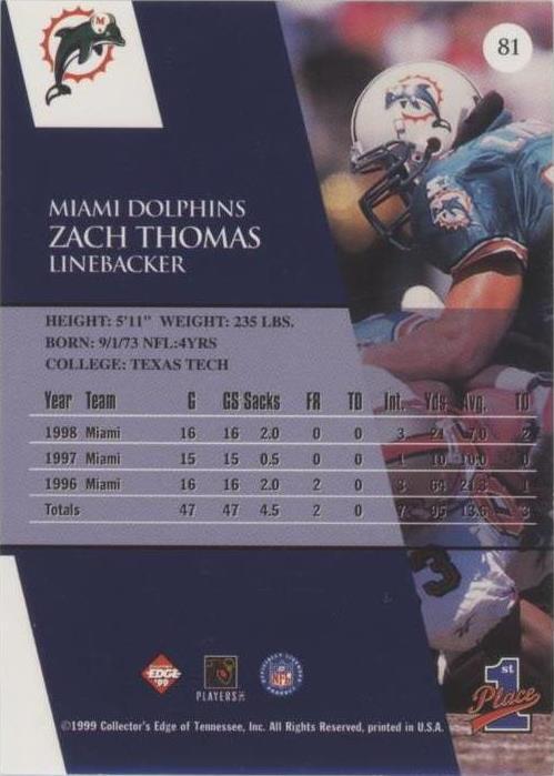 1999 Collector's Edge 1st Place Zach Thomas #81 for sale | eBay