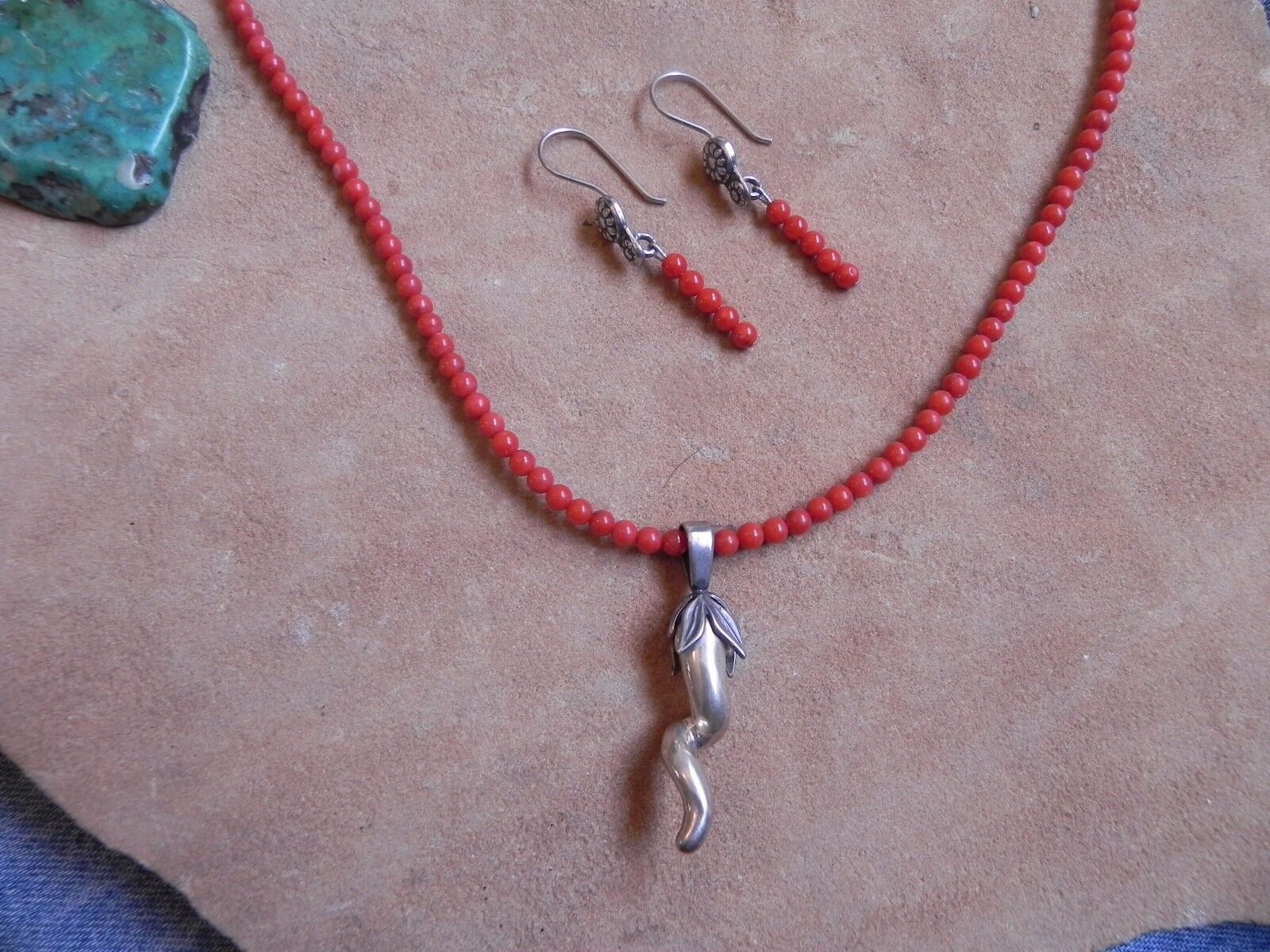 Red Coral Necklace w Sterling Silver CHILI PEPPER… - image 1