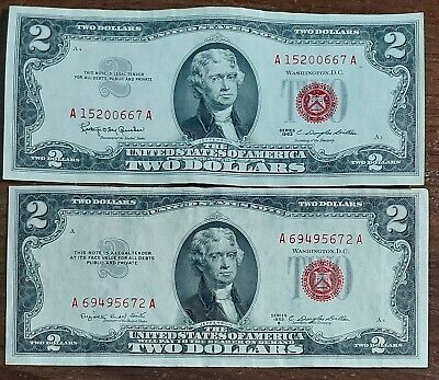 Set 2 Pcs, 1953 and 1963 Two Dollar Bill Red Seal $2 Note XF stained ...