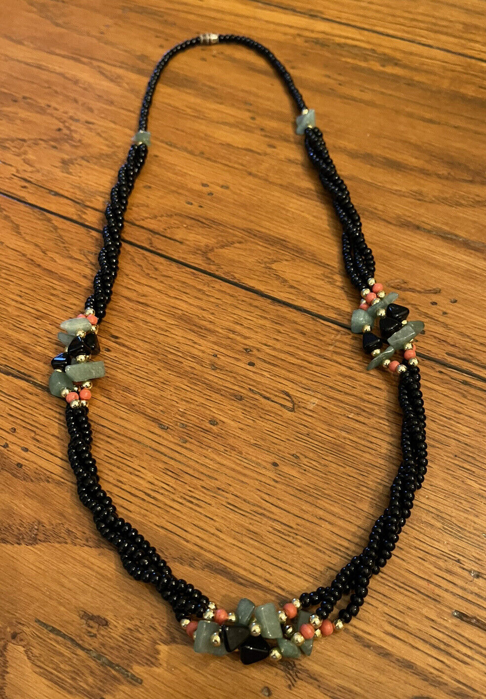 27 1/2" Estate Small Beaded Necklace Black Green … - image 3