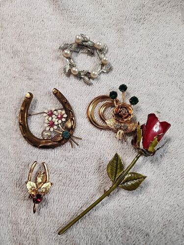 5 Rhinestone Floral Brooches Pins Vintage Fashion 