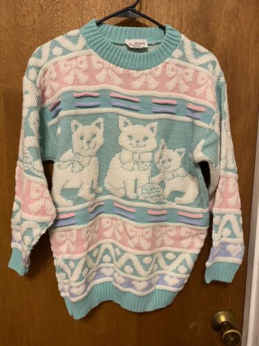 Vtg Teal Rose Kitty 80s pastel Sweater Kawaii - image 1