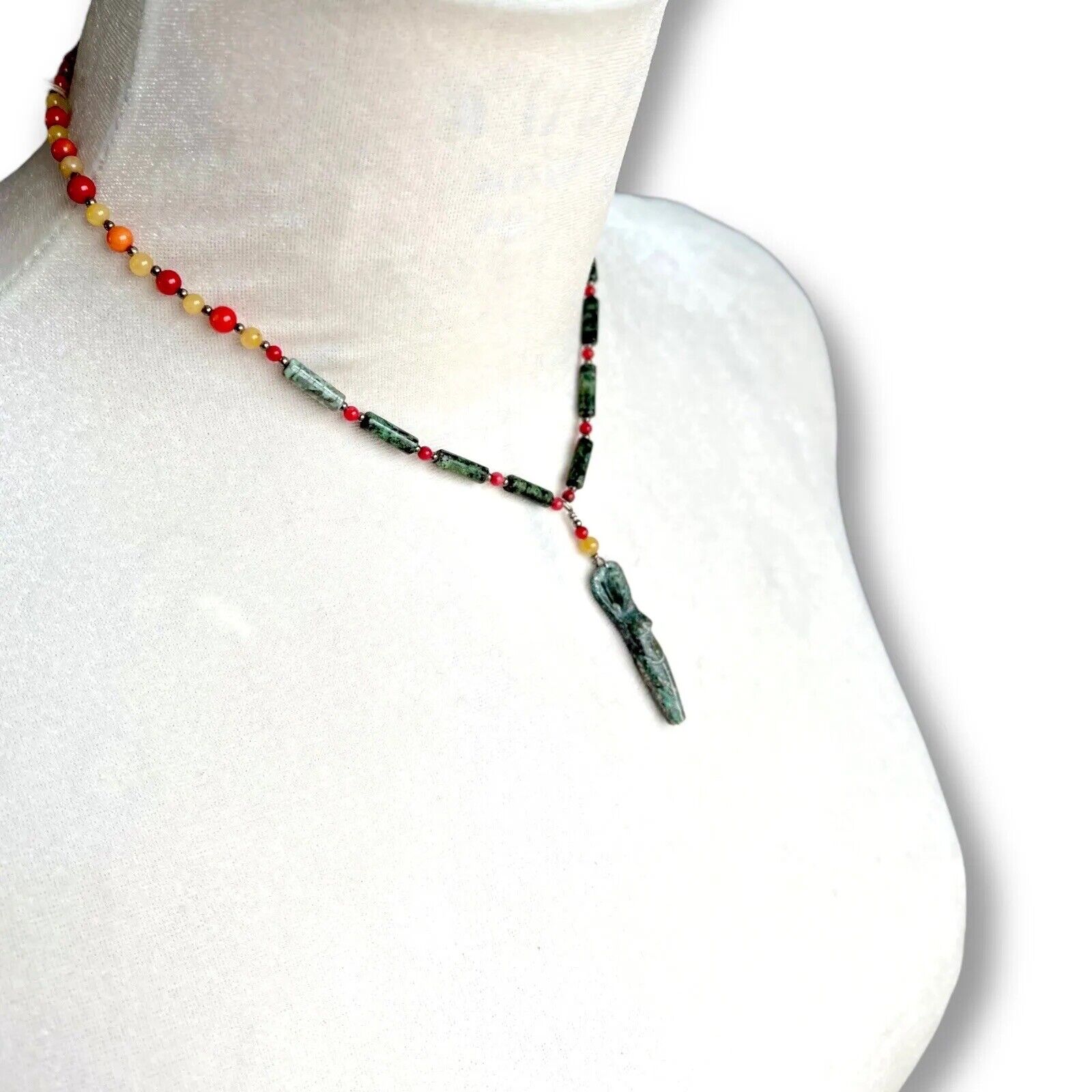 Jade Red Coral Bead Necklace Goddess Pendant Boho… - image 9