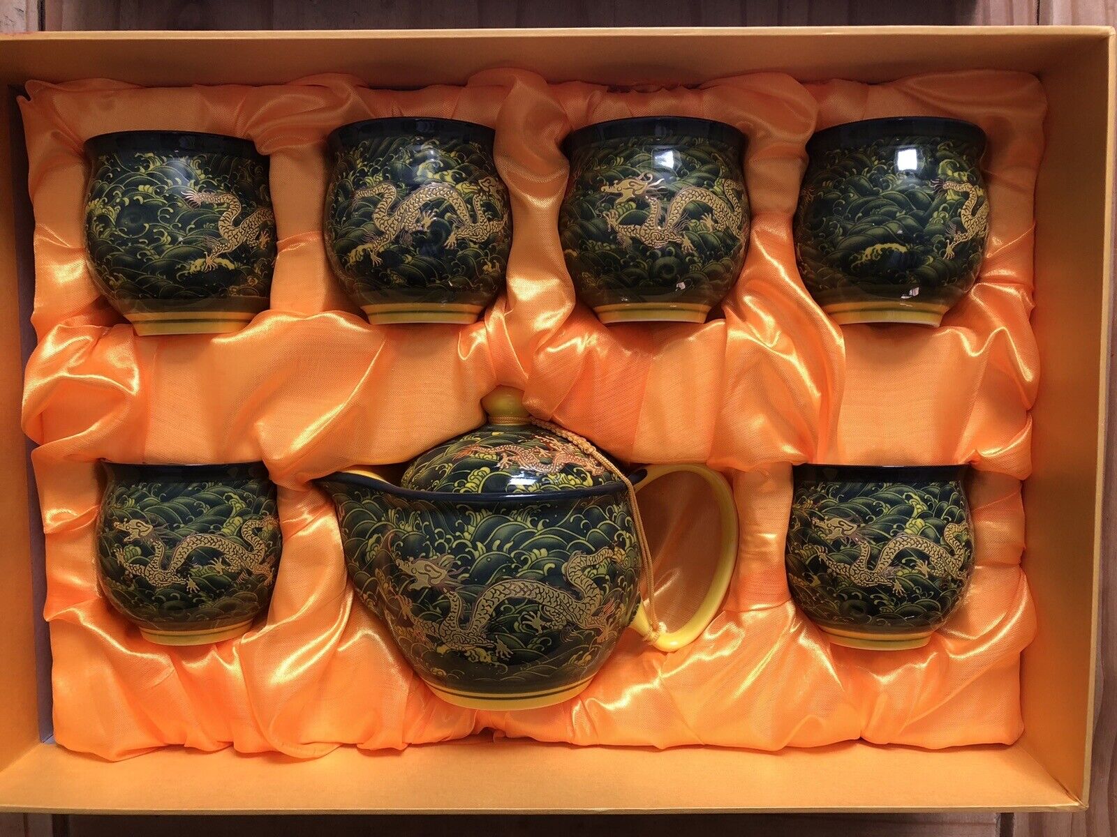 NEW Beautiful Chinese Tea Set 7xPieces Blue Yellow Dragon Design | eBay