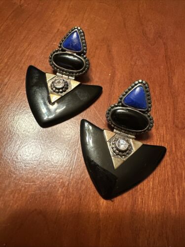 Vintage Estate Sterling Silver Lapis and Onyx Ear… - image 1