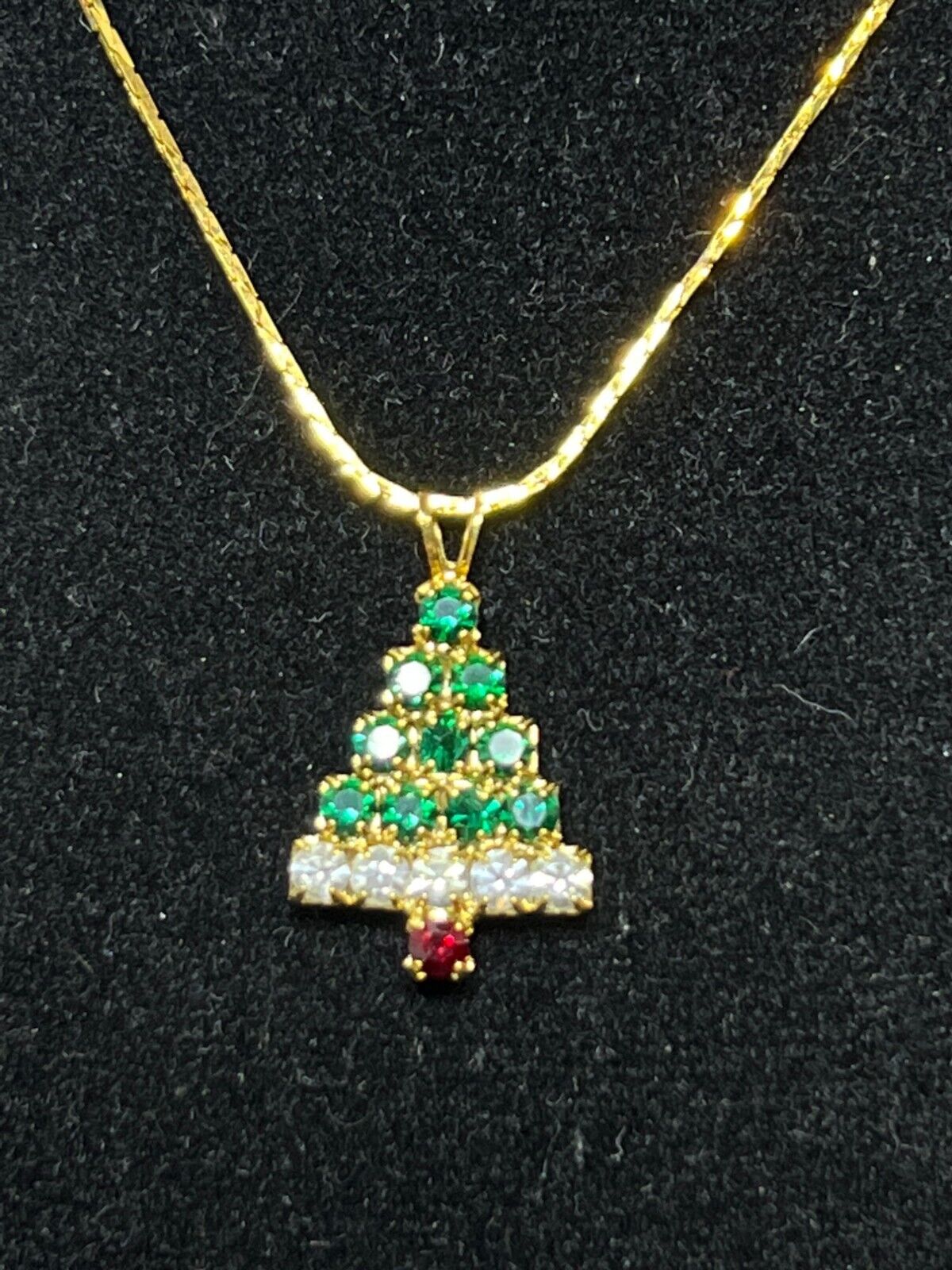 Gold Tone Rhinestone Christmas Tree Necklace And … - image 2