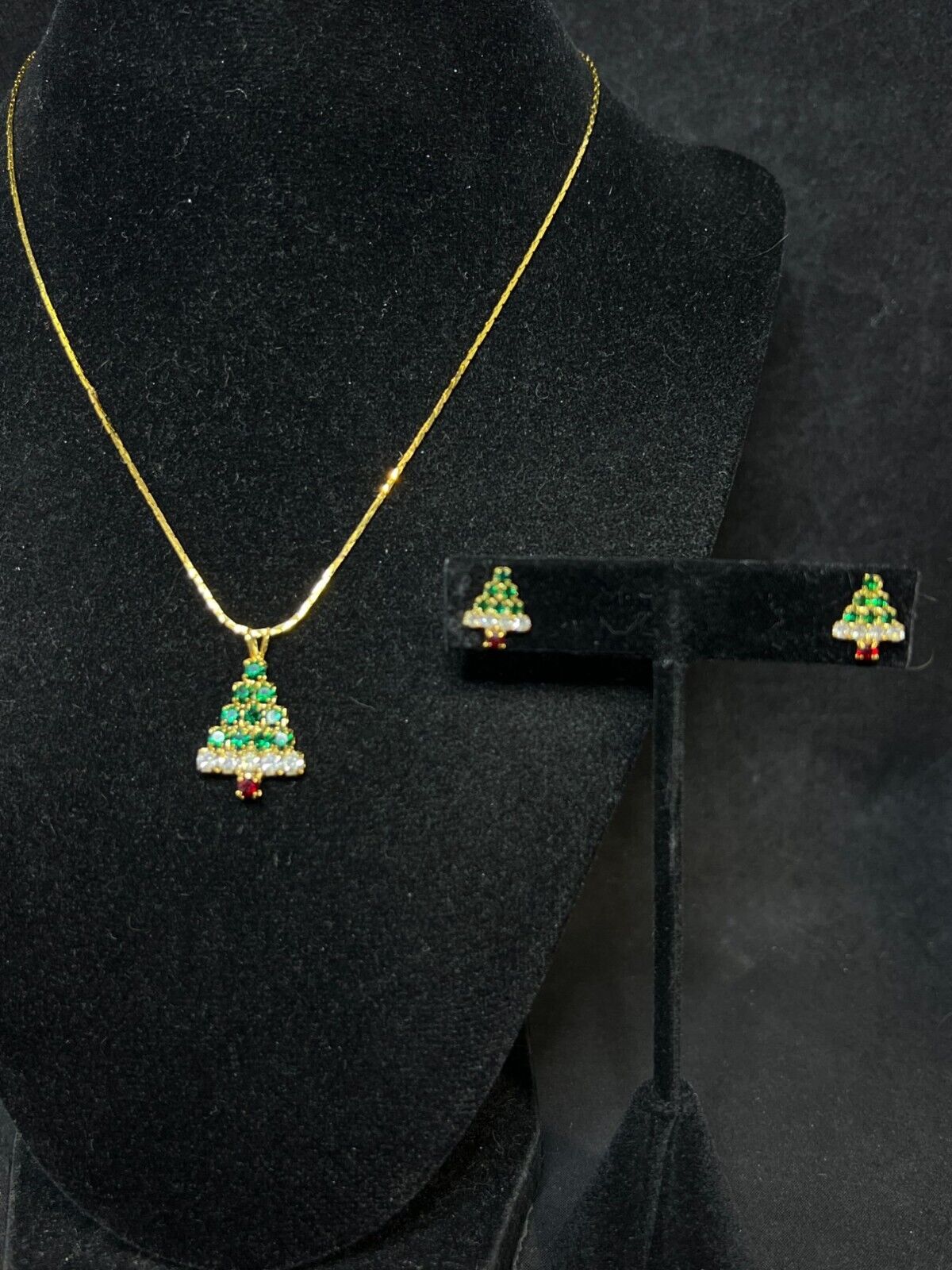 Gold Tone Rhinestone Christmas Tree Necklace And … - image 1