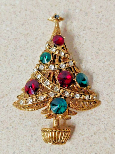 Vintage Rhinestone Christmas Tree Brooch Red Green