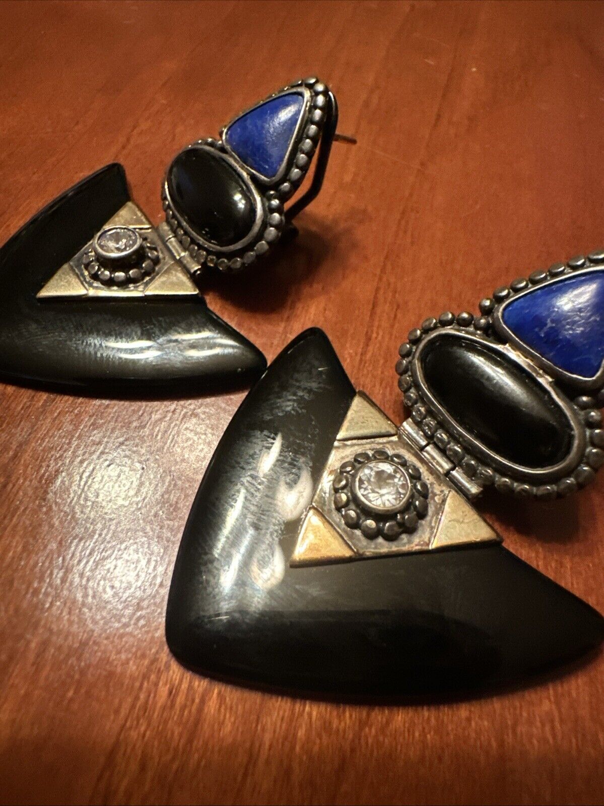 Vintage Estate Sterling Silver Lapis and Onyx Ear… - image 6