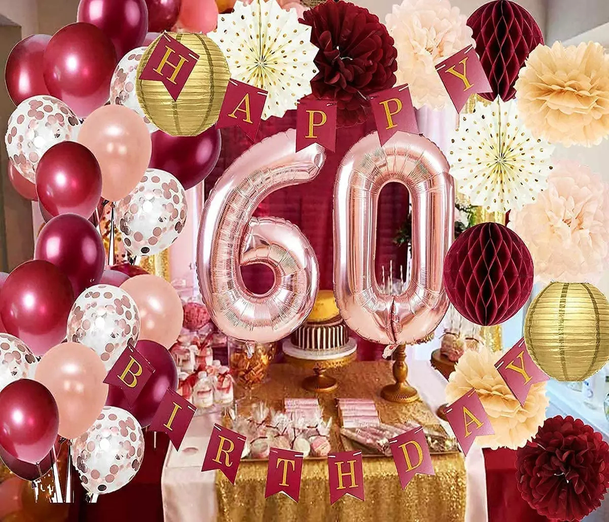 60Th Birthday Decorations for Women Burgundy Rose Gold Birthday ...