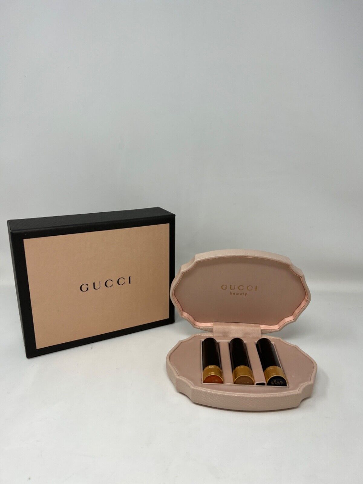 GUCCI NEW IN BOX 3 TRIO PIECE LIPSTICK SET+LEATHER HINGED CASE  BLUE,BEIGE,SAND | eBay