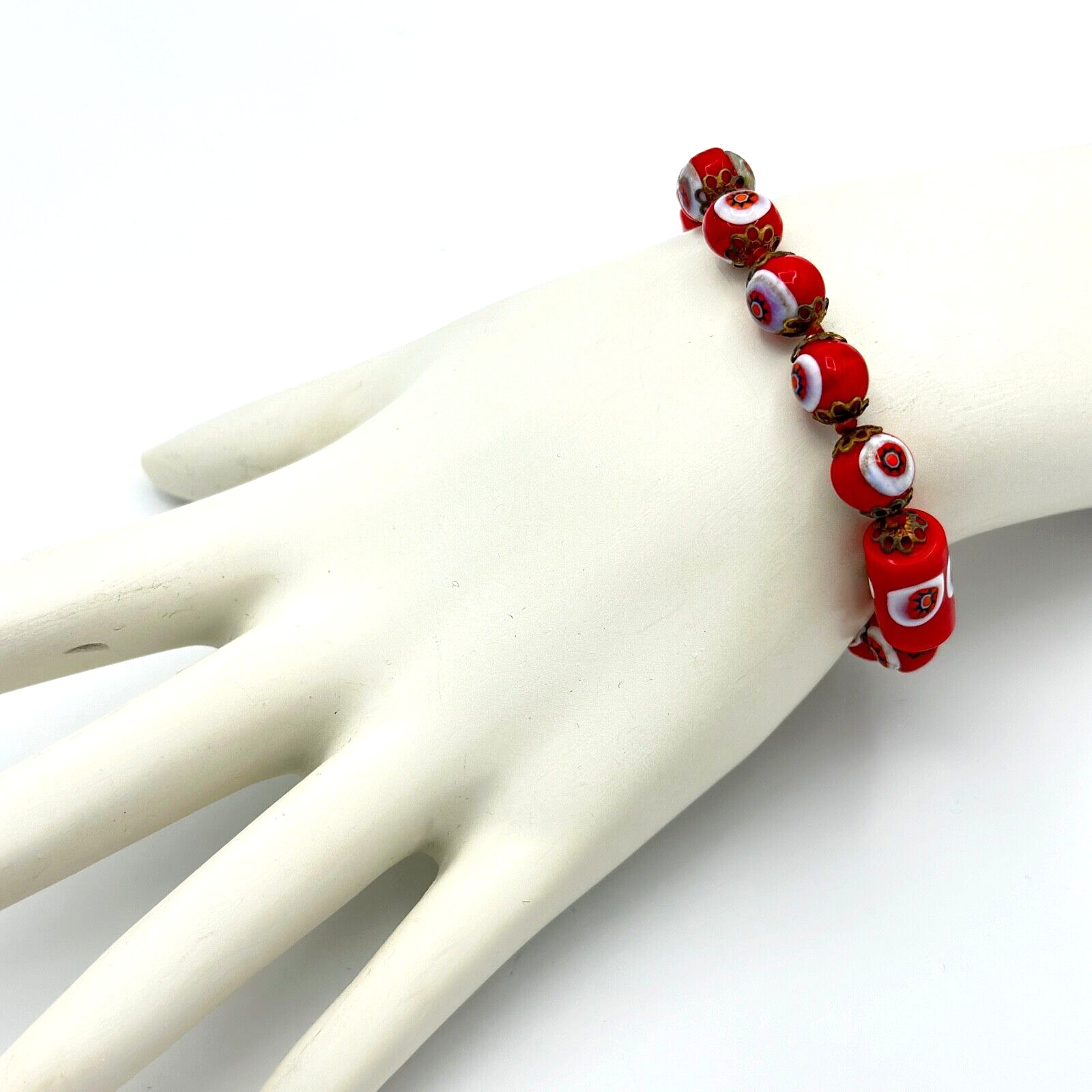 MILLEFIORI red & white bead bracelet - 6.5" Itali… - image 1