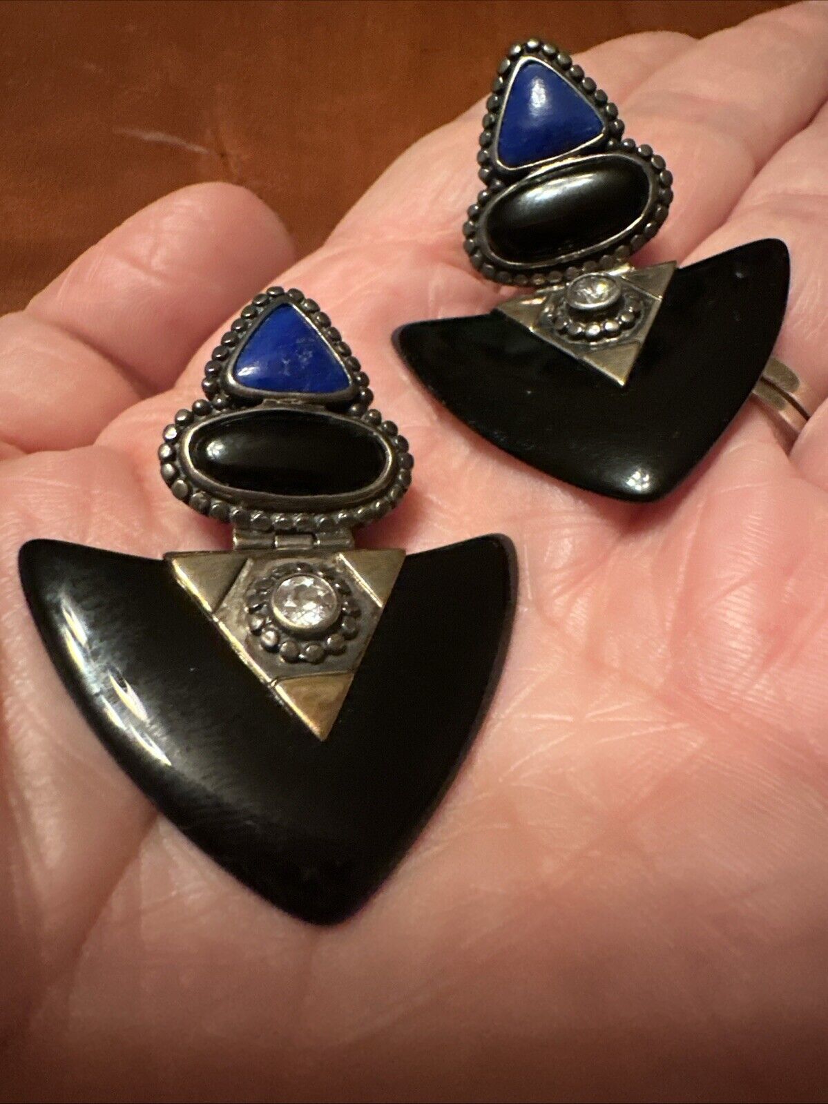 Vintage Estate Sterling Silver Lapis and Onyx Ear… - image 2