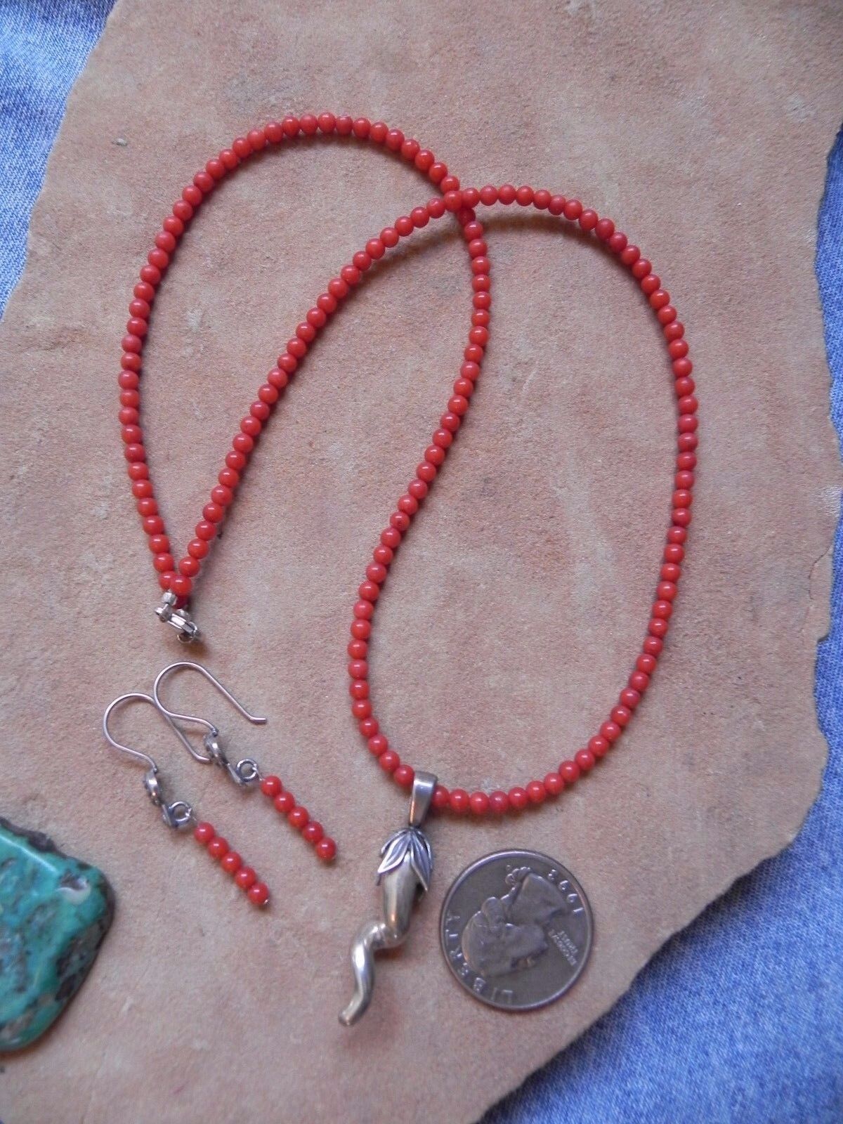 Red Coral Necklace w Sterling Silver CHILI PEPPER… - image 5