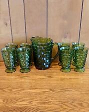 Vintage Indiana Glass Whitehall Green Cubist Pitcher & 8 Iced Tea Footed Glasses