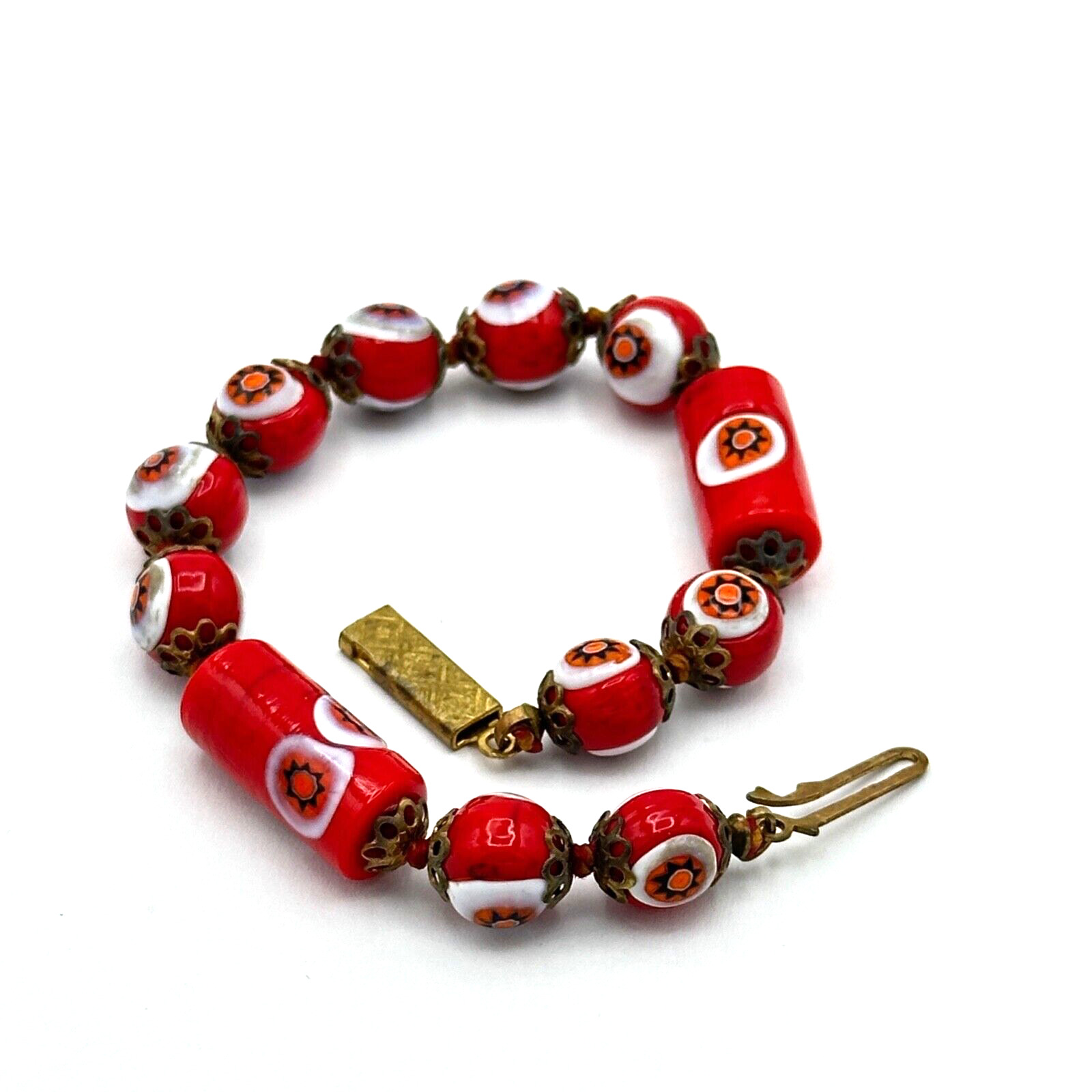 MILLEFIORI red & white bead bracelet - 6.5" Itali… - image 5