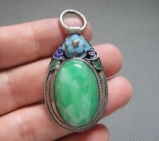 Rare Antique Chinese Miao Silver Enamel Mosaic jade Pendant Amulet