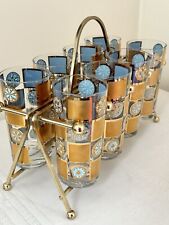 Vintage 1960s Culver Carnival Highball Glasses, Set of 8 W/ Gold Caddy, MCM 22k