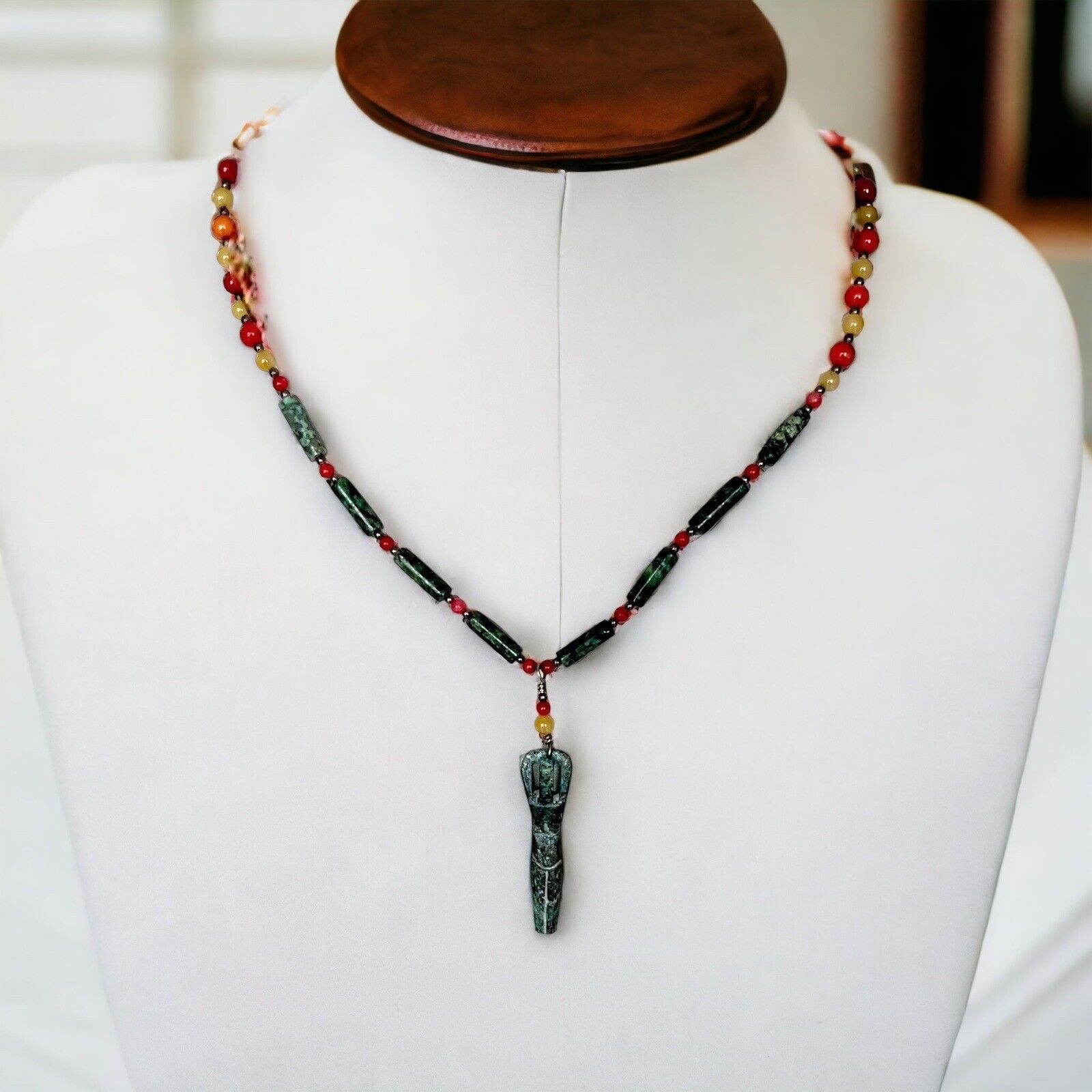 Jade Red Coral Bead Necklace Goddess Pendant Boho… - image 1