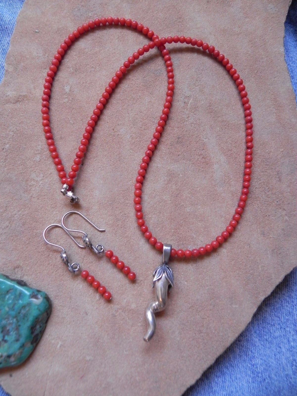 Red Coral Necklace w Sterling Silver CHILI PEPPER… - image 4