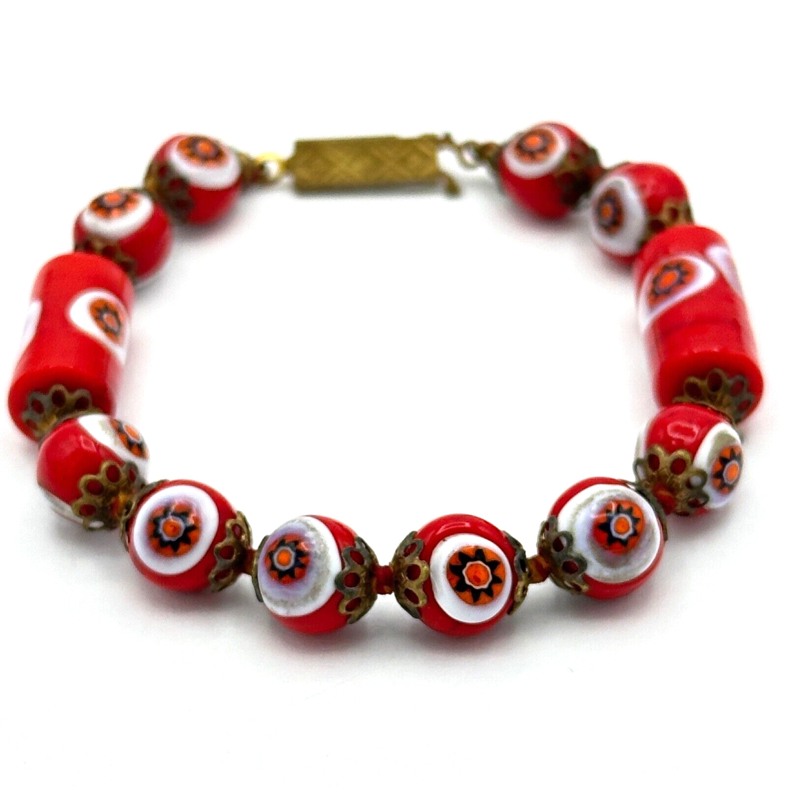 MILLEFIORI red & white bead bracelet - 6.5" Itali… - image 2