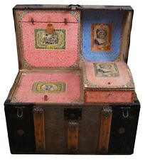 Antique Embossed Metal Oak Banded Dome Top Steamer Trunk Chest w Insert 28