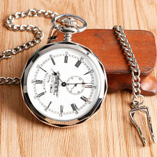 Vintage Mechanical Pocket Watch Open Face Silver Railway Engine Windup Chain Men