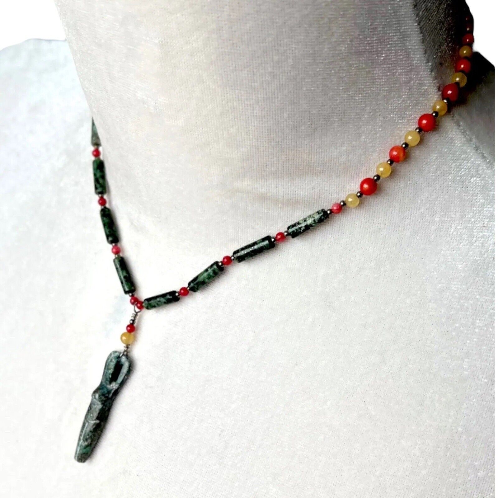 Jade Red Coral Bead Necklace Goddess Pendant Boho… - image 2