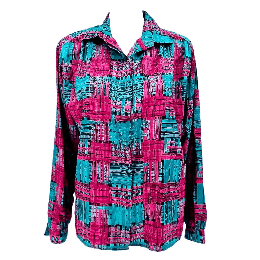 Vintage 80s Pykettes Teal Pink Button Up Shirt XXL - image 1