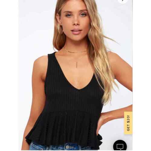 LULUS Black Gwynne Ribbed V-neck Ruffled Cropped … - image 1