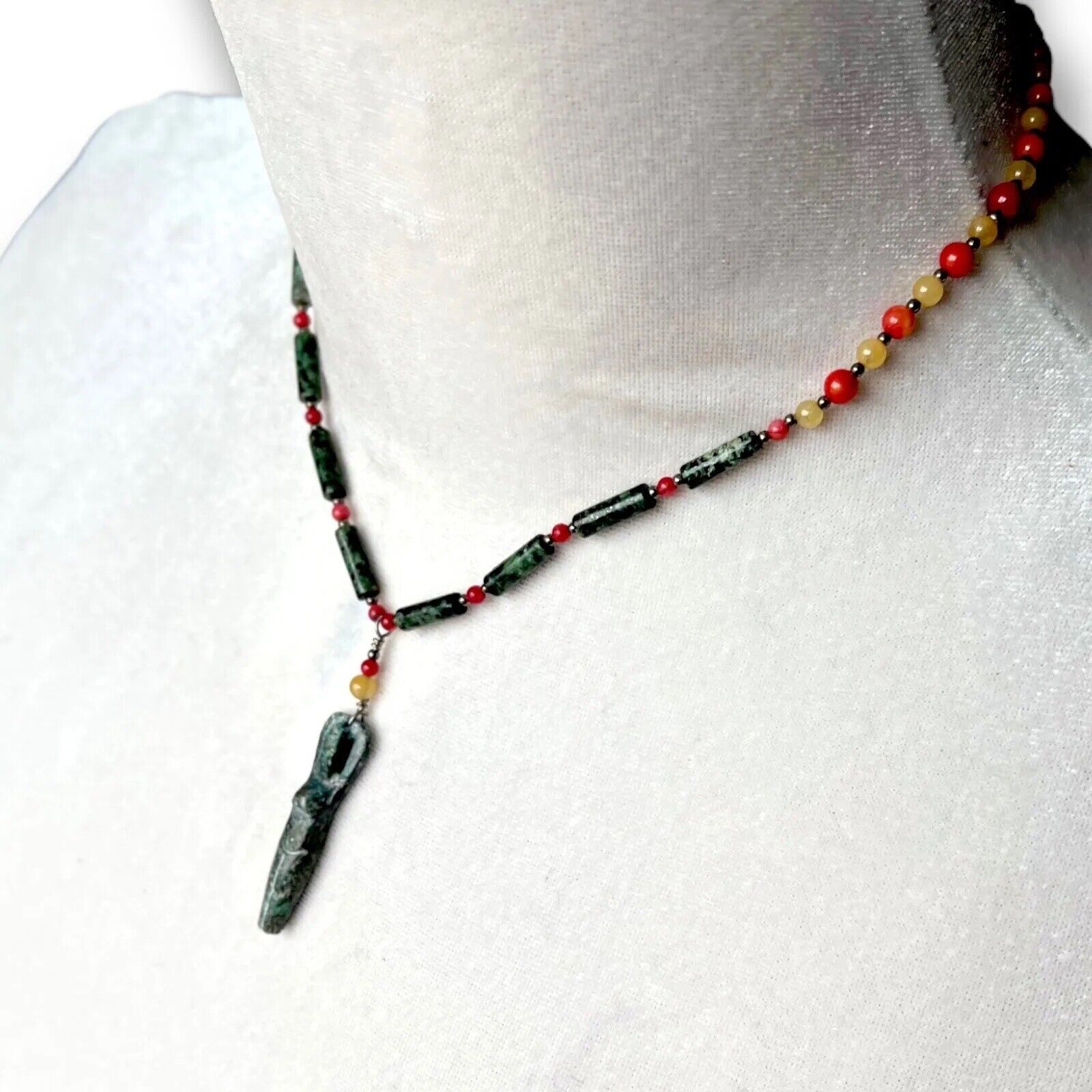 Jade Red Coral Bead Necklace Goddess Pendant Boho… - image 7