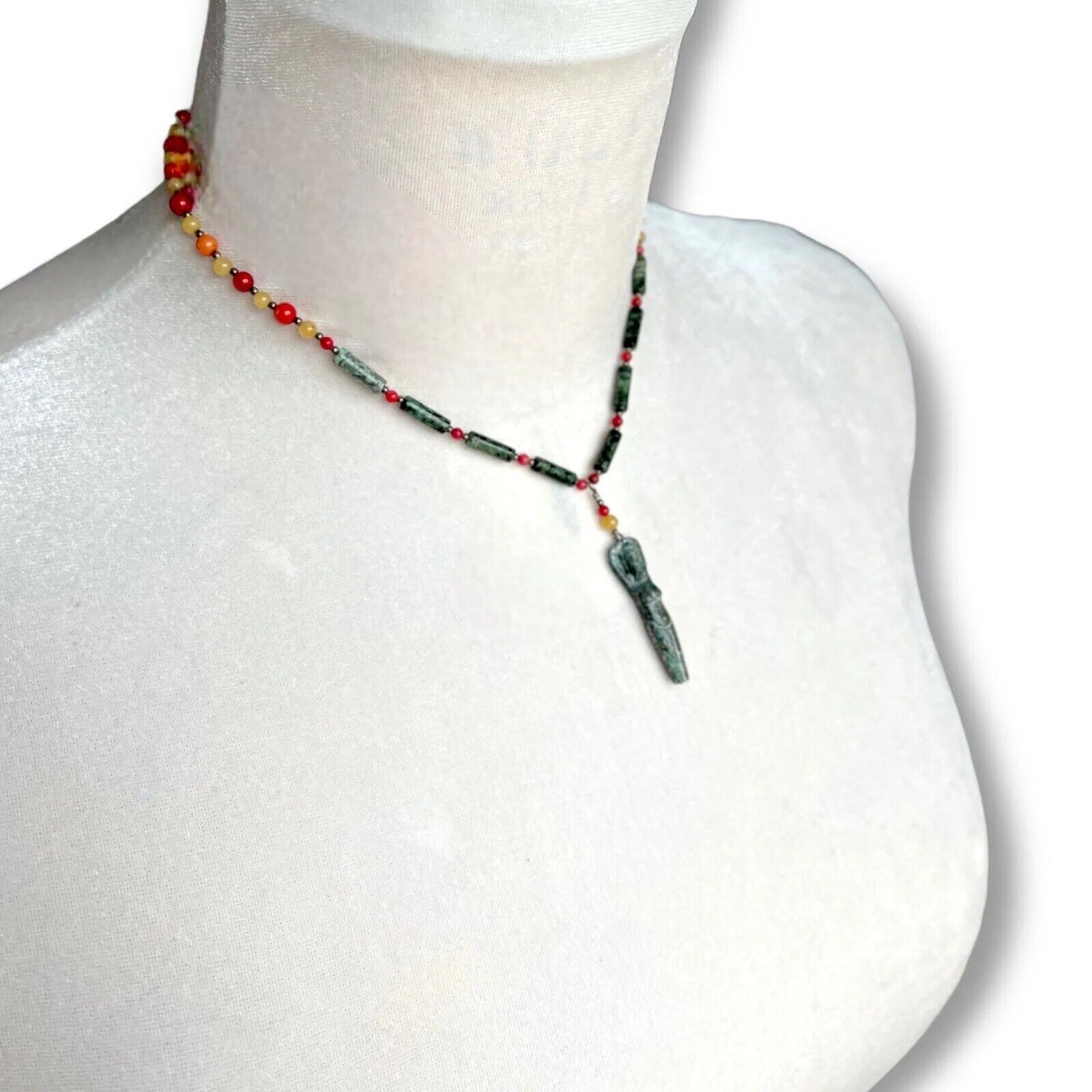 Jade Red Coral Bead Necklace Goddess Pendant Boho… - image 8