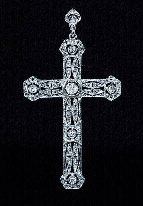 Antique Edwardian Diamond Platinum Openwork Cross… - image 1