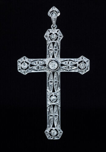 Antique Edwardian Diamond Platinum Openwork Cross… - image 1